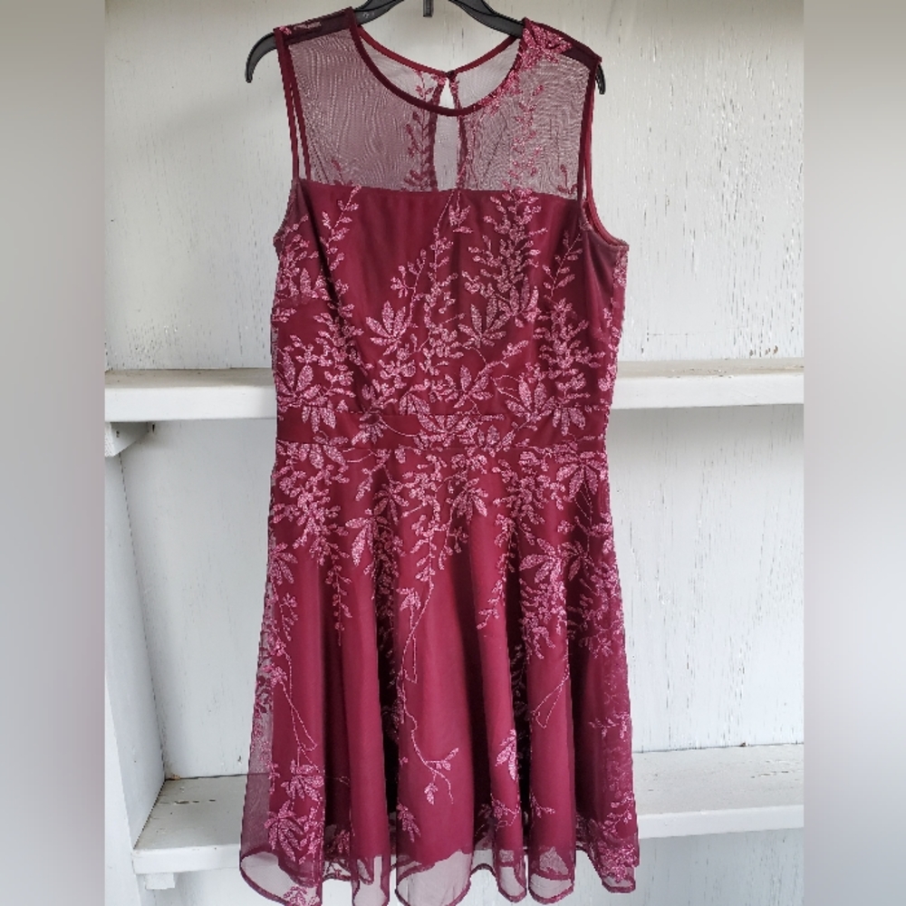 J. Taylor Red/Pink/Maroon Party Dress, sleevless w/ sheer floral glitter overlay